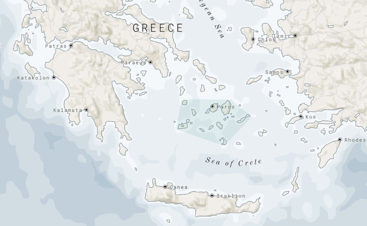 Map of Greece with the Cyclades archipelago highlighted